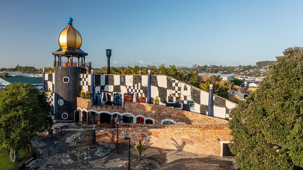 The Hundertwasser Wairau Māori Arts Centre in Whangārei, featuring an intensive green roof with native planting integrated into the building architecture.