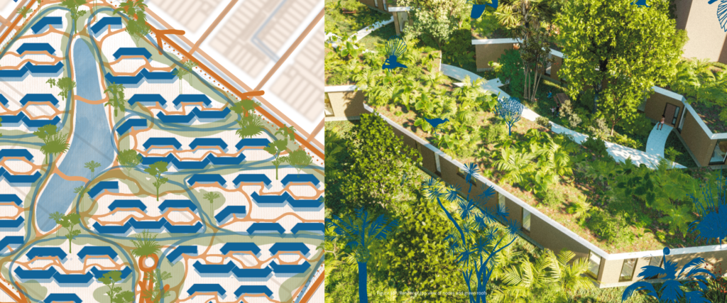 plan of subdivision to left, and a bird's eye view of green-roofed townhouses to right.
